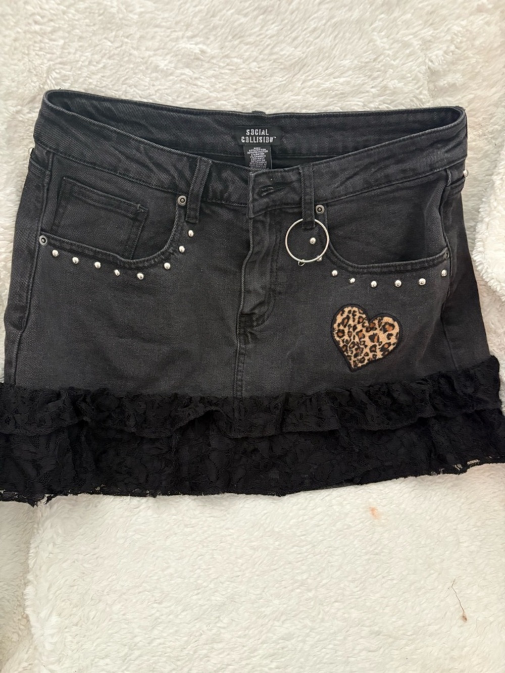 Social Collisions Black Denim Mini Skirt with Leopard Heart Patch